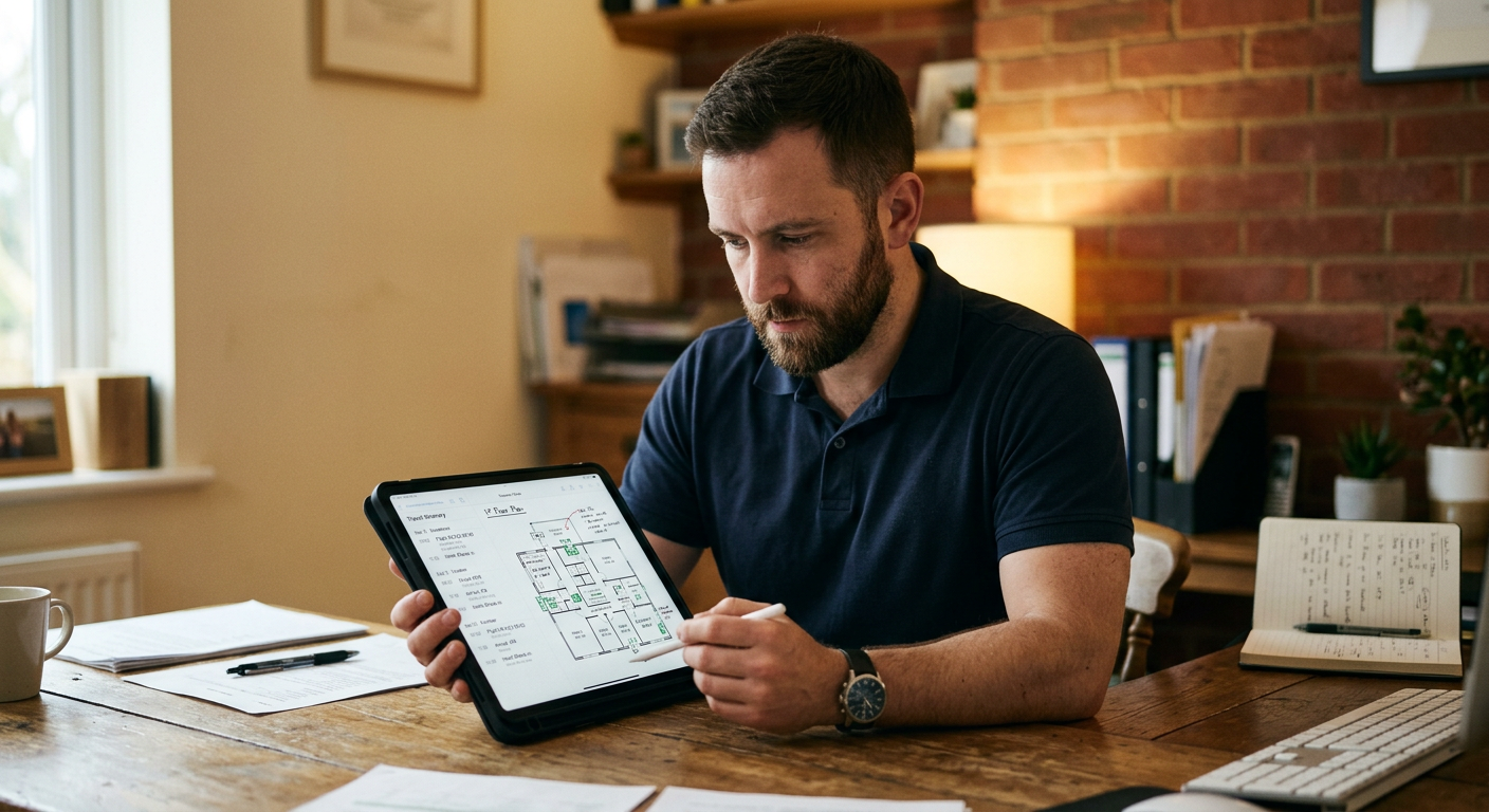 A security team member at his desk reviewing a travel itinerary and floor plan on a tablet